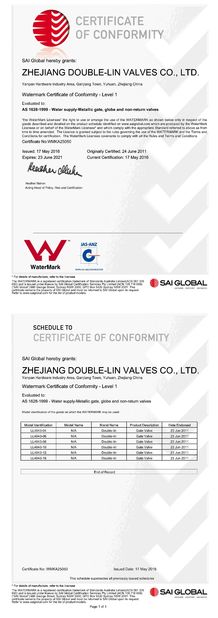 China ZHEJIANG DOUBLE-LIN VALVES CO.,LTD. zertifizierungen